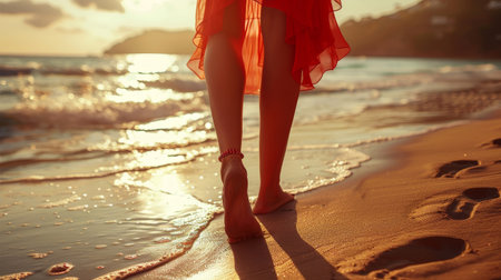 Elegant Footsteps of the gril with red dress on a Sunny Beach in the sunsetの素材