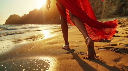 Elegant Footsteps of the gril with red dress on a Sunny Beach in the sunsetの素材