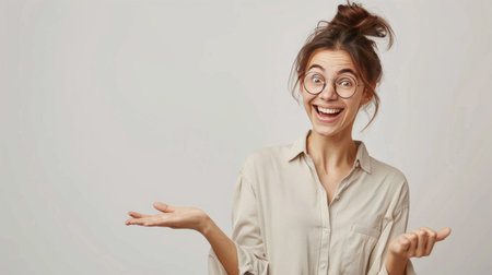 A cheerful person with glasses showing face expressions in the front of plain backgroundの素材