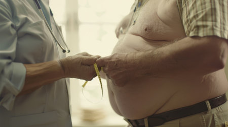 View of the doctor measuring obese man in the hospital roomの素材