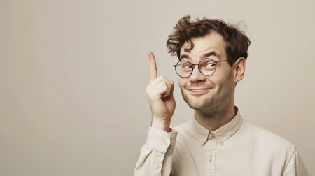 A cheerful person with glasses showing face expressions in the front of plain backgroundの素材