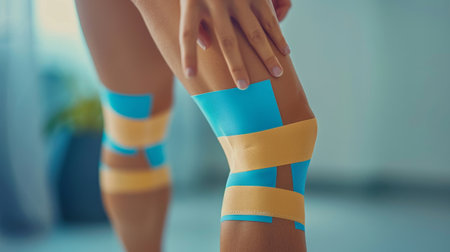 A close-up of a person's part of the leg, featuring brightly colored kinesiology tape applied in a precise patternの素材