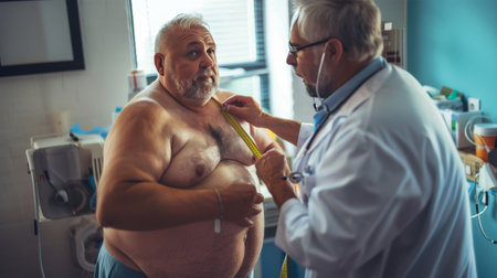 View of the doctor measuring obese man in the hospital roomの素材