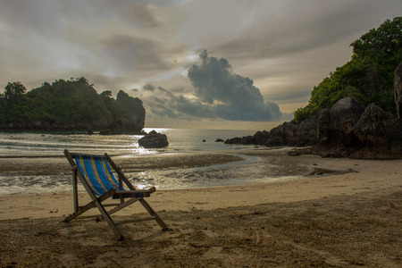 Sun bed on the beach in Bang Saphan,Thailandの写真素材