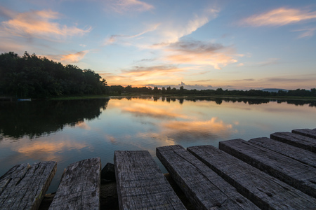 Silhouette Wooden bridge with the river in Chumphon,Thailandの写真素材