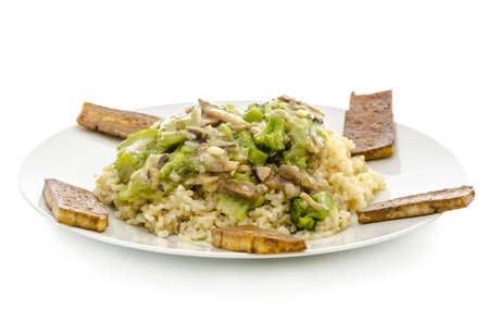 Healthy vegetarian meal made of rice, mushrooms,vegetable and tofu, served on a white plate  の写真素材