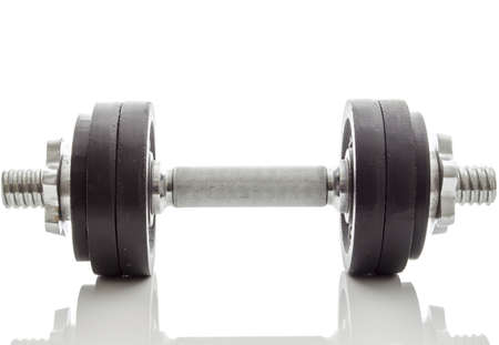 Front view of a black dumbbell isolated on a white background の写真素材