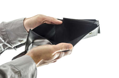 Male hands holding an empty wallet  Isolated over white background の写真素材