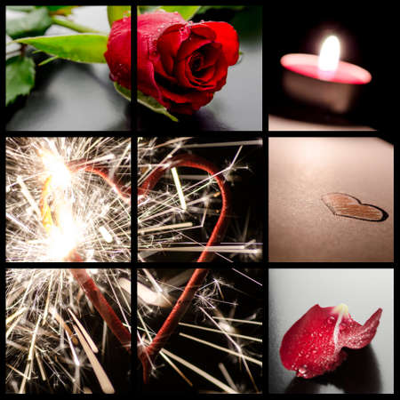 Love concept collage with images of a rose, candle, and a heart の写真素材