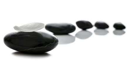Black spa stones in a row with white petal on the front one.の写真素材
