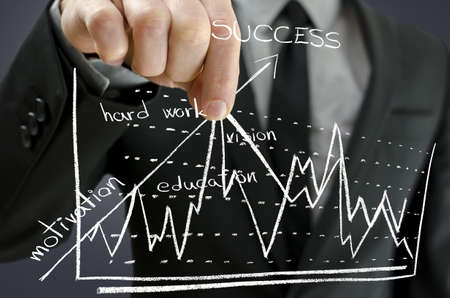 Concept of business success on virtual screen with businessman pulling diagram upwards の写真素材