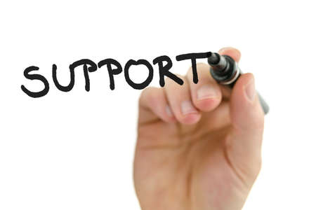 Close up of male hand writing word support on a glass board  Over white backgroundの写真素材