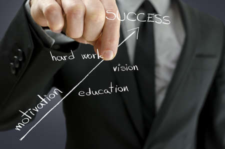 Business man holding virtual arrow of success and pulling it upwards  Arrow representing steps of  successful person の写真素材