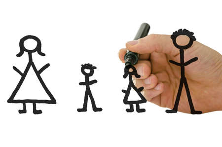 Closeup of male hand drawing family on virtual white board with black marker の写真素材