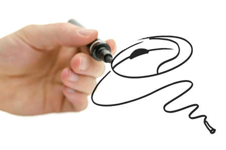 Male hand drawing computer mouse on a virtual whiteboard の写真素材