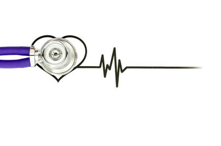 Top view of stethoscope on hand drawn heart shape beating cardiograph.