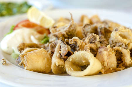 Closeup of fried squid served on white plate.の写真素材