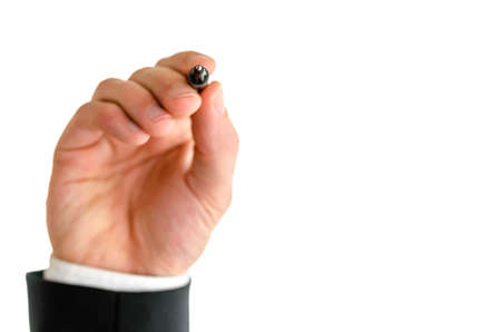 Male hand writing on virtual white board. 