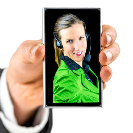 Male hand holding smart phone with female support phone operator on its screen  Isolated over white...