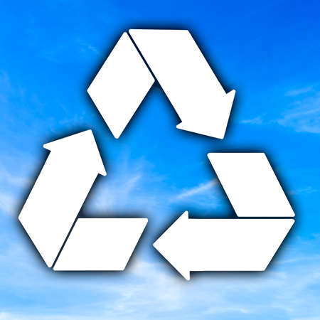 Recycle to save the planet, a conceptual image with a clean white recycle icon against a fresh blue summer skyの写真素材
