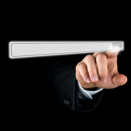 Businessman using a blank search navigation bar on a virtual online computer interface