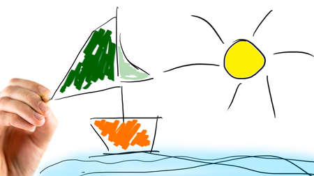 Conceptual image of a drawing depicting cruising in a yacht on a summer vacation with a sailboat and hot sunの写真素材