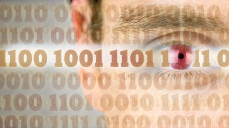 Binary code with close up of human eye in the background.