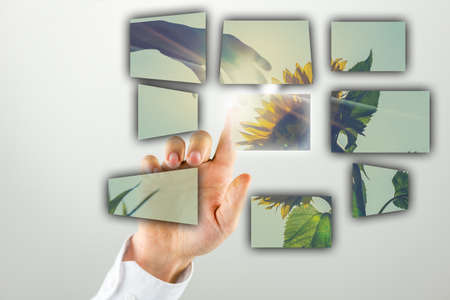 Man doing a presentation with a sunflower image that has been divided into sections as he reaches up his hand to touch and activate the central portion with bright shining sunlight.の写真素材