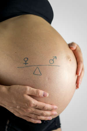 Swollen bare belly of a pregnant mother with hand drawn male and female gender signs on a seesaw in equilibriumの写真素材