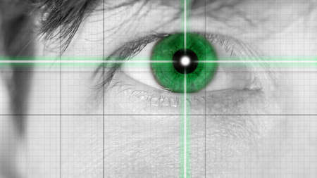 Close up Green Single Eye on Grid Lines. Common to Movie Effects.の写真素材