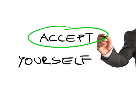 Professional therapist writing an Accept yourself message on a white virtual screen. Conceptual of...