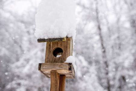 Fresh white winter snow piled high in a domed shape on a wooden bird box in a snowy garden with falling snowflakes.の写真素材