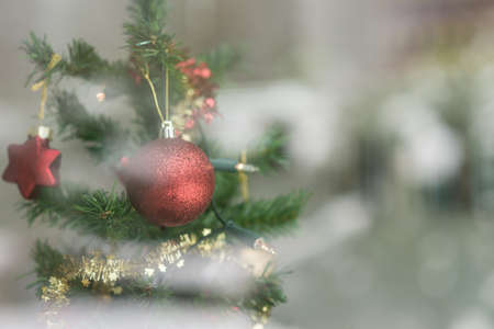 Red bauble hanging on a Christmas tree seen through a window with reflections of the outside vegetation on the glass.の写真素材