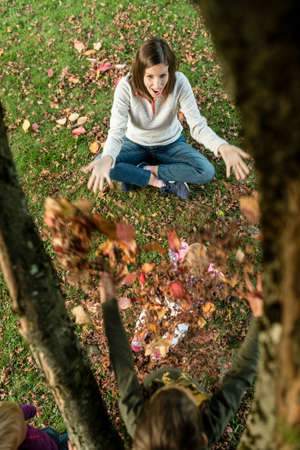 Aerial view of happy mother playing with her small kids on the grass amongst autumn leaves.の写真素材