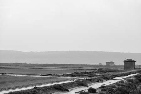 Abandoned old Secovlje Saltpans Natural Park in Slovenia, monochrome image.の写真素材
