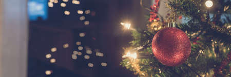 Wide view image of shiny red holiday bauble hanging on Christmas tree with lights on the tree and in...