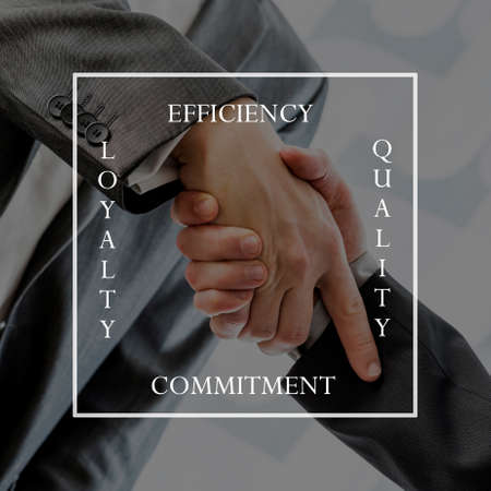 Word Efficiency, Quality, Commitment and Loyalty written in a square shape over two businessmen...
