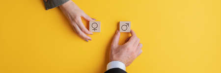 Wide view image of male and female hand holding wooden blocks with male and female symbols on them....