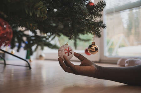 Hand of a colored child holding red and white holiday bauble hanging on Christmas tree. 