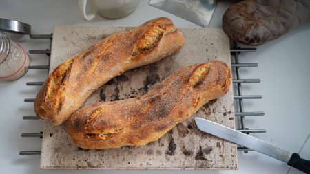 Top view of of two freshly baked home made sourdough baguettes cooling on a stone on kitchen...