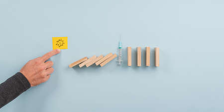 Conceptual image of stopping corona virus global pandemic spread with vaccine and drugs innovation.