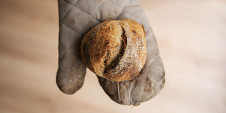 Top view of delicious sourdough bread bun with golden crust.の写真素材