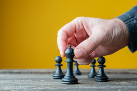 Male hand positioning black chess figure in front of the others in a conceptual image of  leadership and power.の写真素材