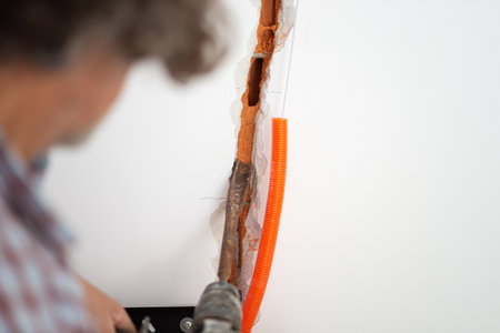 Installation work for electrical corrugated tubes in a wall in construction site conceptual image.の写真素材