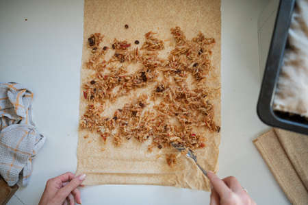 Top view of a woman making homemade vegan apple strudel with raisins on a kitchen counter.