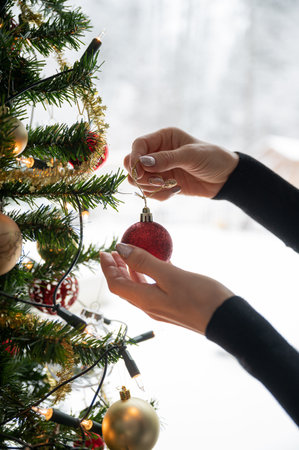 Female hands hanging shiny red holiday bauble on a decorated christmas tree.の写真素材