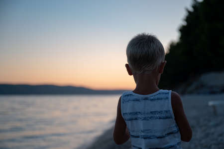 View from behind of a toddler boy child standing on the beach at dusk.の写真素材