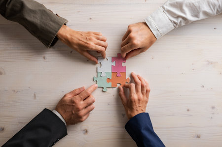 Hands of four businesspeople joining matching puzzle pieces of various pastel colors over a wooden background.の写真素材