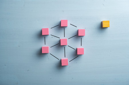 Network of pink wooden blocks connected with imaginary lines and a blank block as an outsider placed...