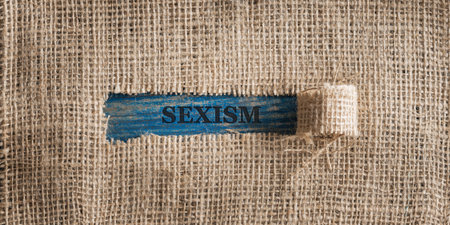 Top view of a rough linen fabric with a torn window in the middle with a Sexism sign in it.の写真素材